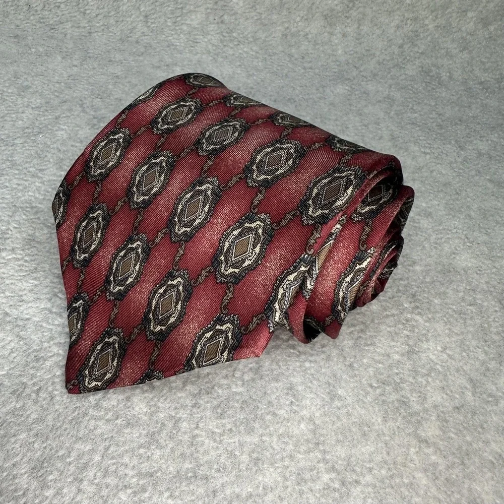 Henry Grethel Tie Mens One‎ Size Burgundy Silk Geometric Medallion Made in USA